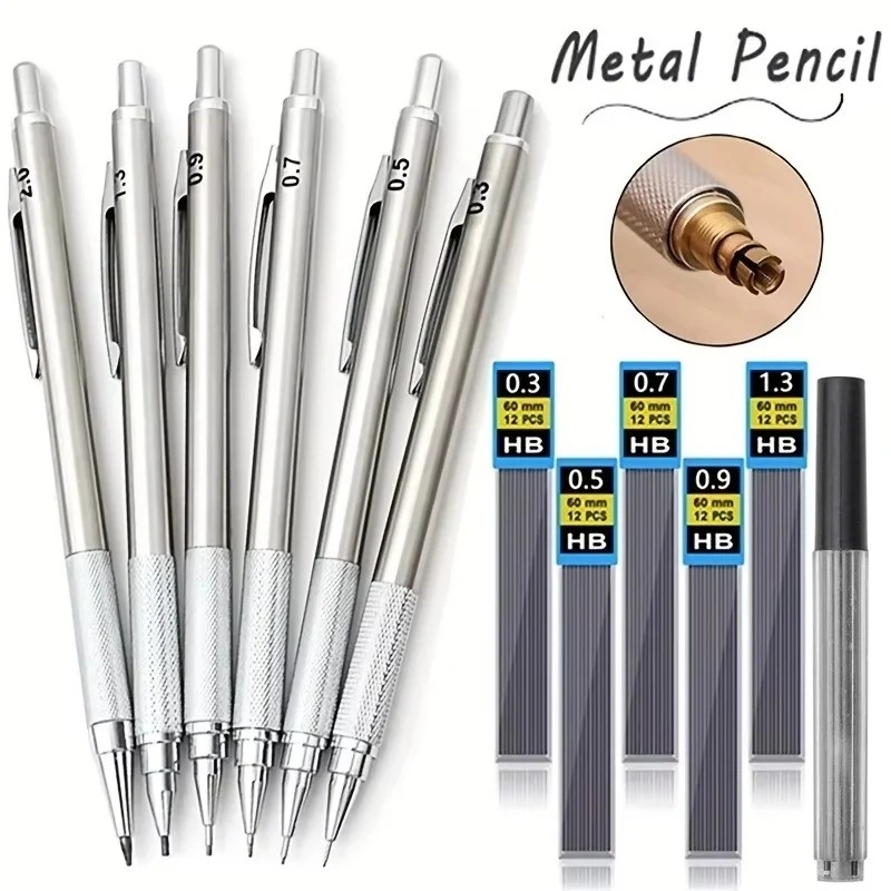 Mechanical Pencil 0.3 - ชุดดินสอกดโลหะเต็มรูปแบบ ขนาด 0.3/0.5/0.7/0.9/1.3/2.0/3.0 มม. HB ดินสอกดอัตโนมัติสำหรับวาดภาพ